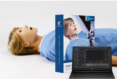 SUSIE patient simulator in hospital gown with SLE scenario guide and wireless