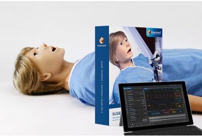 SUSIE patient simulator in hospital gown with SLE scenario guide and wireless control tablet