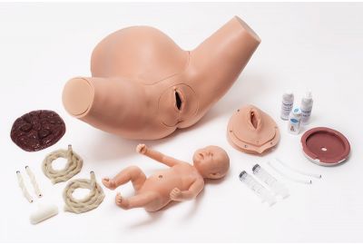 Super OB Susie childbirth skills trainer torso with parts and accessories; birthing baby