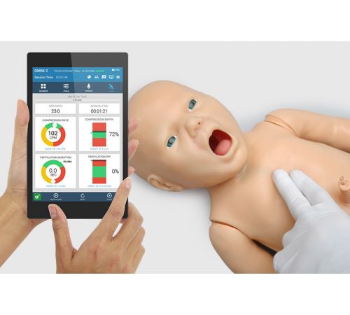 A learner performs two-finger compressions on a Multipurpose Newborn skills trainer; a handheld OMNI2 shows CPR quality.
