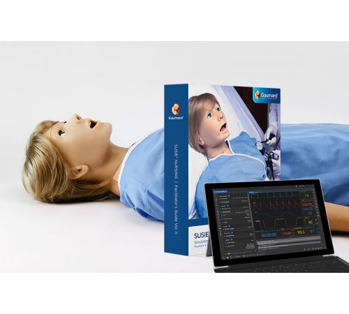 SUSIE patient simulator in hospital gown with SLE scenario guide and wireless control tablet