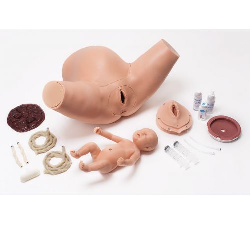 Super OB Susie childbirth skills trainer torso with parts and accessories; birthing baby