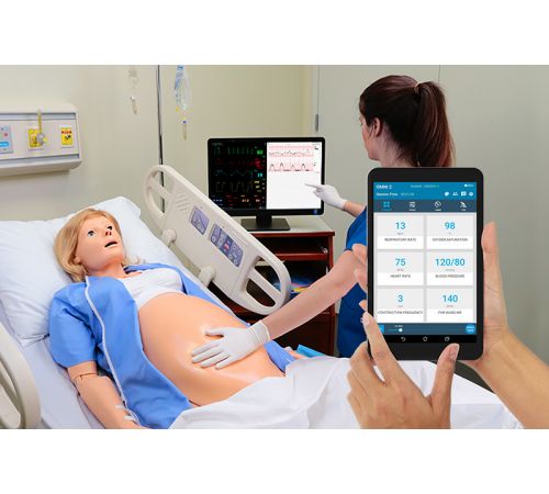 A learner feels the belly of a NOELLE simulator and reads a virtual monitor; a handheld OMNI2 controller changes the FHR