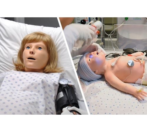 NOELLE birthing patient simulator in hospital gown and newborn Tory simulator receiving assisted ventilations