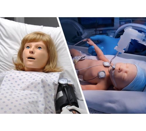 NOELLE birthing patient simulator in hospital gown and Premie HAL simulator receiving assisted ventilations