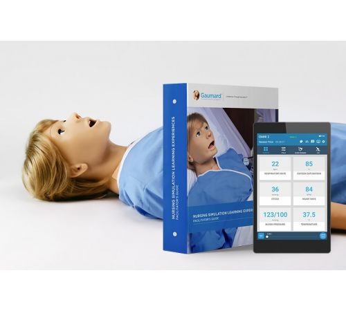 SUSIE patient simulator in hospital gown with SLE scenario guide and wireless
