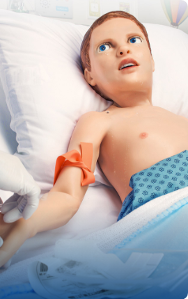 Pediatric HAL patient simulator cries while turning his head and eyes to look at a learner drawing blood from his arm.